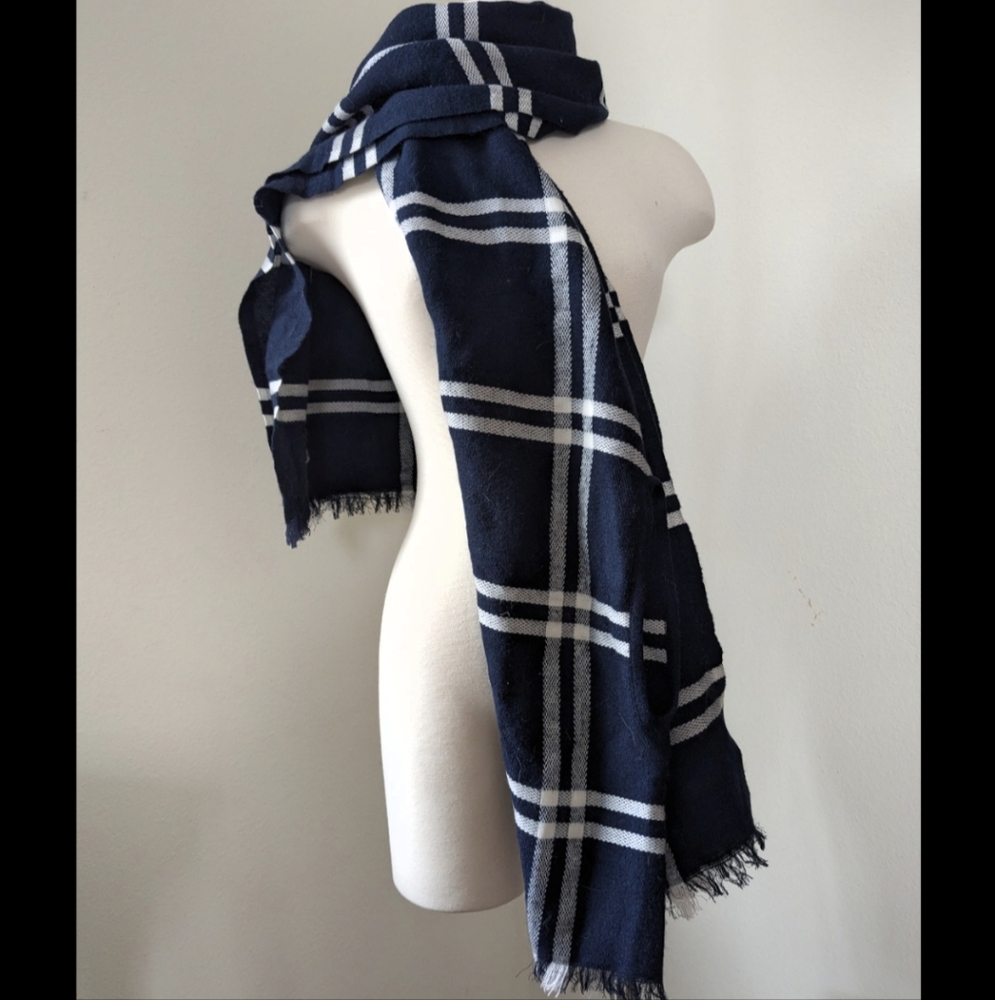 J. Crew Dark Blue and White Checkered Scarf Shawl